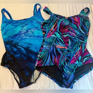 2 Bathing suits. 1 piece. Maxine of Hollywood (Multi 20) and Longitude (Blue 18)